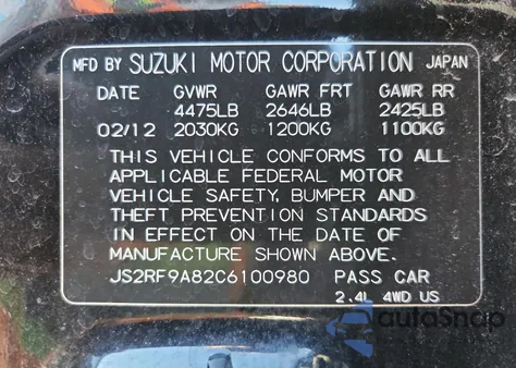 2012 Suzuki Kizashi Sport Sls z USA, uszkodzony, nr VIN JS2RF9A82C6100980